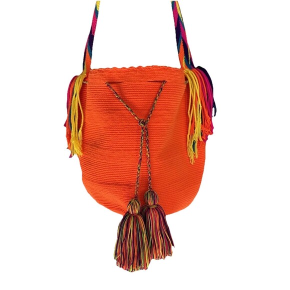 Wayuu Mochila Bag Large Size Orange Handmade from Colombia Crossbody Hobo Bag - Picture 5 of 14